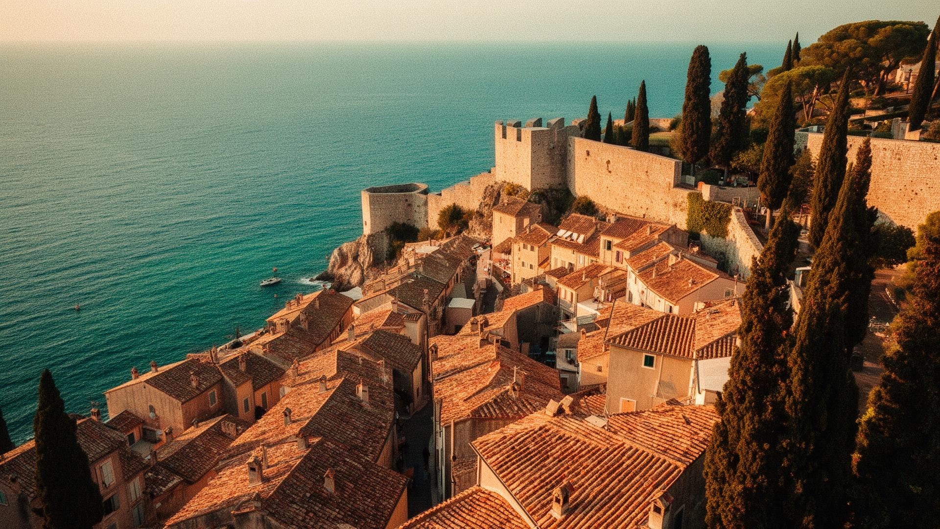 Mediterranean coastal town at golden hour